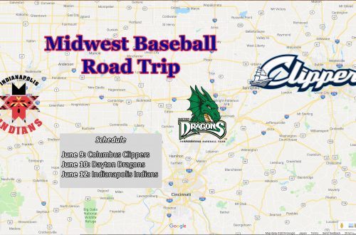 A map of Indiana and Ohio with text overlaying that says "Midwest Baseball Road Trip" that includes logos for the Columbus Clippers, Dayton Dragons, and Indianapolis Indians.