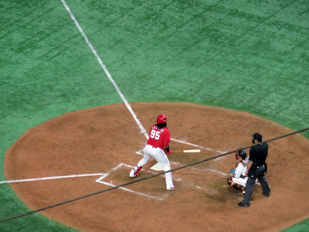 Right-handed batter Xavier Batista stands in the batter's box for the Hiroshima Toyo Carp.
