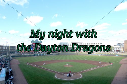 Overview of a baseball field with text overlaying it that says "My night with the Dayton Dragons."