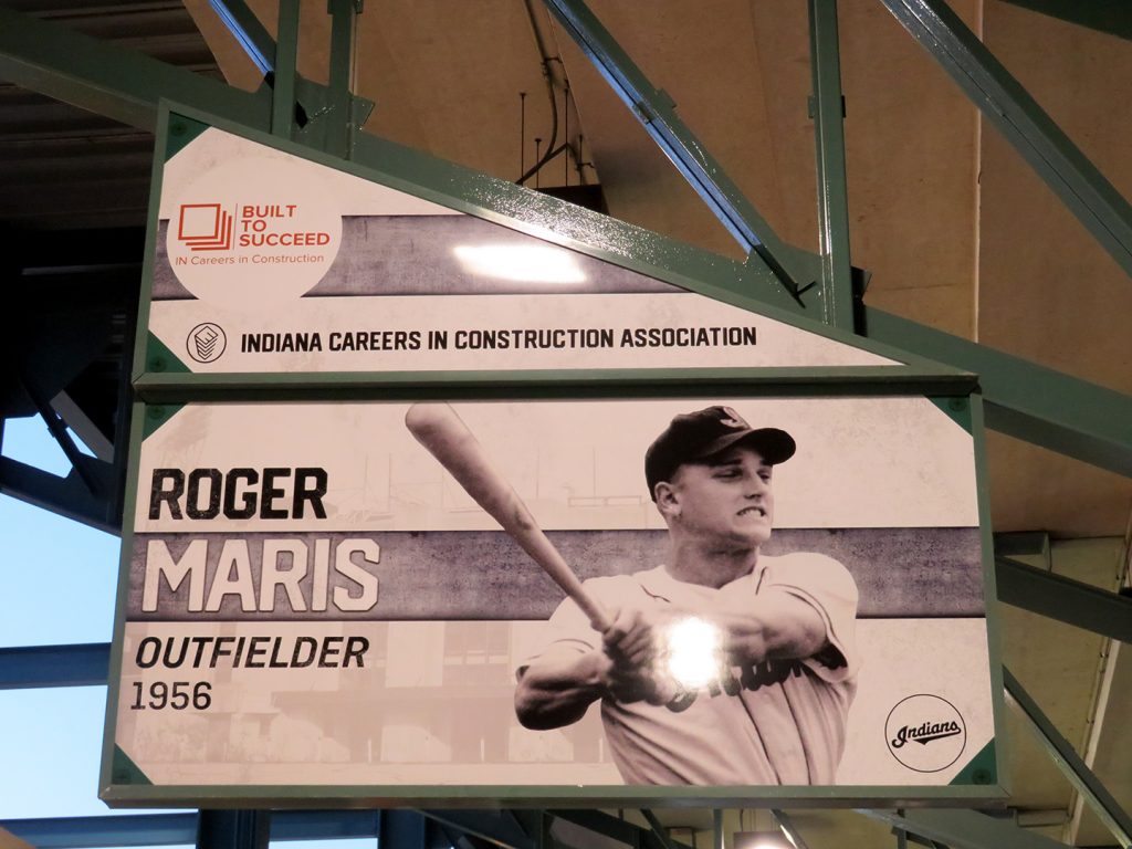 Rafter sign showing photo of Roger Maris in an Indianapolis Indians uniform from 1956.