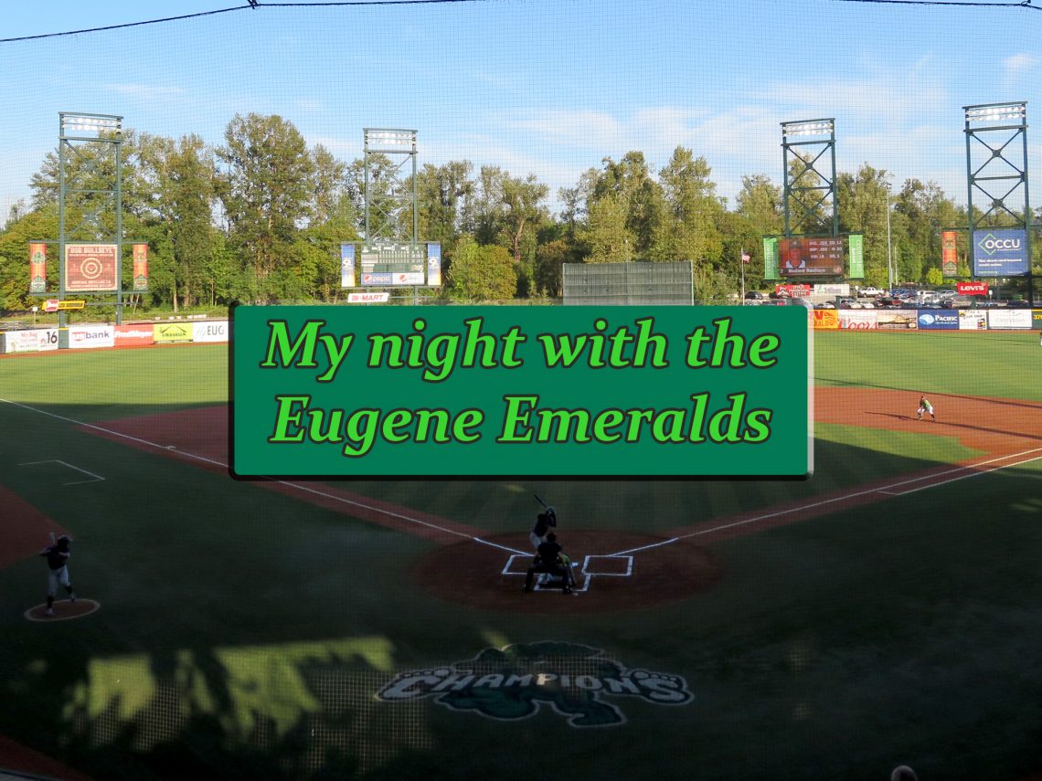Overview of a baseball stadium with a text box that says "My night with the Eugene Emeralds."