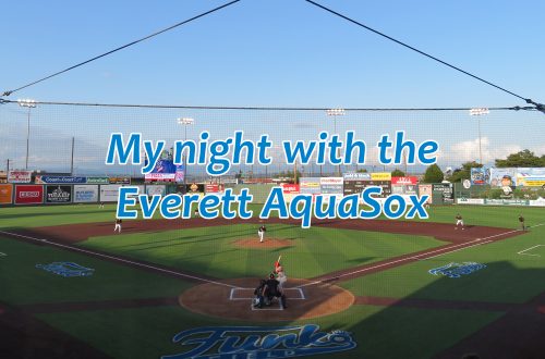 Overview of a baseball field from behind home plate with text overlaying it that says "My night with the Everett AquaSox."