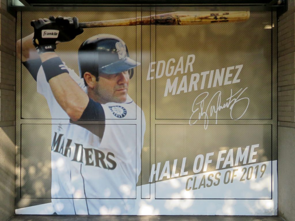 Banner of Seattle Mariners Edgar Martínez with his name and signature above text that says "Hall of Fame, Class of 2019."