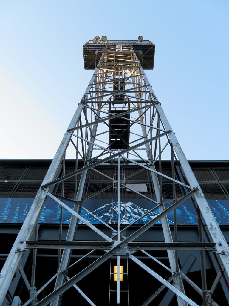 A vertical view of a light tower with an image of Mount Rainier on a banner behind it.