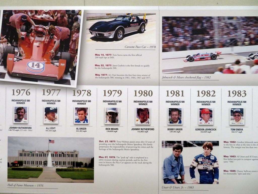 Display board showing photos of Indianapolis 500 winners from 1976 to 1983 along with other pictures from racers during those years.