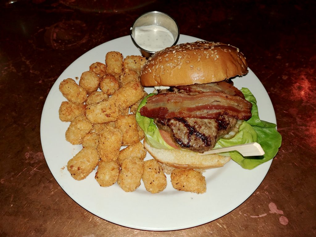 A plate with tater tots on the left side and a hamburger on the right.