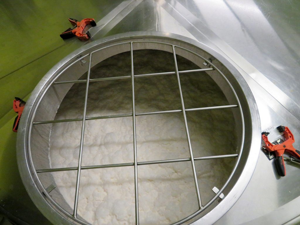 View into a stainless steel fermenter with large, white pillowy bubbles on the top.