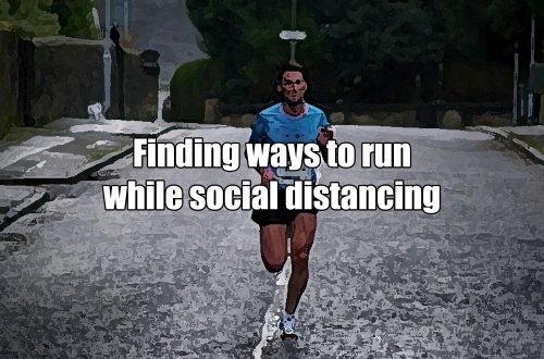 A man running alone in the middle of a street with text overlaying that says "Finding ways to run while social distancing."