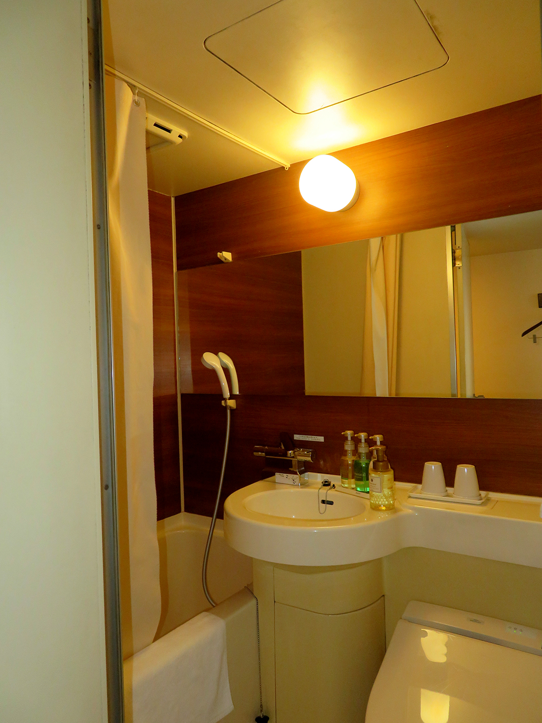Angled view of a bathroom at Hotel Matsumoto Yorozuya showing a toilet to the right, a sink in the center, and a bathroom with a handheld shower head to the left.